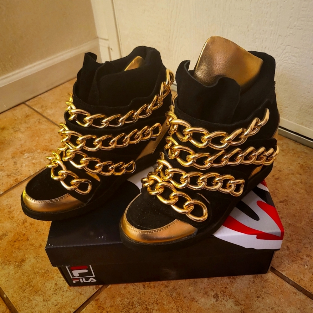 Jeffrey Campbell high rop gold chain black suede wedge sneakers